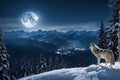 Majestic Wolf on Snowy Ridge: Full Moon Illuminates Pristine Landscape