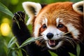 Mid-Yawn Marvel: Red Panda Perched on Sturdy Tree Branch