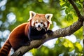 Mid-Yawn Marvel: Red Panda Perched on Sturdy Tree Branch Royalty Free Stock Photo