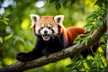 Mid-Yawn Marvel: Red Panda Perched on Sturdy Tree Branch Royalty Free Stock Photo