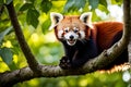 Mid-Yawn Marvel: Red Panda Perched on Sturdy Tree Branch Royalty Free Stock Photo