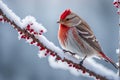 Frosty Perch: Redpoll on Frost-Covered Branch with Fluffed Feathers