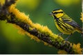 Lichen-Covered Perch: Siskin with High-Definition Feathers