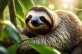 Rainforest Serenity: Sloth Clinging to Lush Tree with Glistening Fur