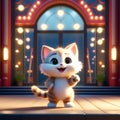 Cute Small Kitten Waving and Smiling: Greeting in Front of Theater Door (Unreal Engine Cozy