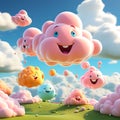 Cute Funny 3D Clouds Smiling and Playing in White and Pink Sky