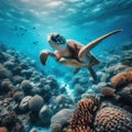 an image of a Hawaiian Green Sea Turtle gliding through the serene and warm waters of the Pacific Ocean in Hawaii