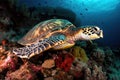 Image of hawksbill turtle swimming under the sea. underwater animals. illustration, generative AI Royalty Free Stock Photo