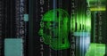 Image of head, binary coding data processing over computer servers Royalty Free Stock Photo