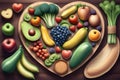 an image of healthy food with fruit, vegetables, grains and high fibre foods on a heart shape cutting board in a rustic wood Royalty Free Stock Photo