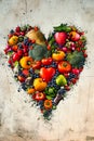 Image of heart made out of various fruits and vegetables such as apples oranges carrots broccoli and tomatoes Royalty Free Stock Photo