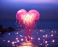 romantic concept wallpaper with a heart shaped glowing pink jellyfish underwater. Royalty Free Stock Photo