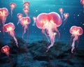 romantic concept wallpaper with a heart shaped glowing pink jellyfish underwater. Royalty Free Stock Photo