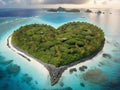 Image of heart-shaped nature surrounded by green trees in the middle of the sea.