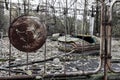 An image of a hedgehog on the fence of a Soviet-era amusement park in the dead ghost town of Pripyat