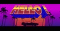 Image of hello text over car riding on digital sunset Royalty Free Stock Photo