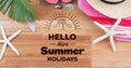 Image of hello there summer holidays text over wooden table with shells Royalty Free Stock Photo