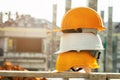 Image of helmets at construction sites and construction establishments. Safety concept