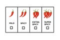 A picture depicting four levels of spiciness using chili icons increasing in number to visually represent heat levels. Royalty Free Stock Photo