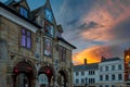 Image of Her Majesty Queen Elizabeth II on the ancient architecture of Peterborough Guildhall at sunset