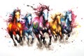 Image of herd of colorful horses is running on white background. Wildlife Animals. Generative AI. Illustration