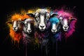 Image of herd of colorful sheep on black background. Farm animals. Generative AI, Illustration