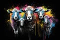 Image of herd of colorful sheep on black background. Farm animals. Generative AI, Illustration