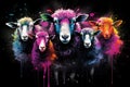 Image of herd of colorful sheep on black background. Farm animals. Generative AI, Illustration