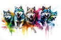 Image of herd of colorful wolf is running on white background. Wildlife Animals. Generative AI. Illustration