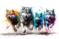 Image of herd of colorful wolf is running on white background. Wildlife Animals. Generative AI. Illustration