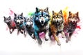 Image of herd of colorful wolf is running on white background. Wildlife Animals. Generative AI. Illustration