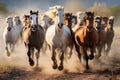 Image of herd of wild horses is running. Wildlife Animals. Generative AI. Illustration