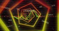 Image of hexagonal neon tunnel in seamless pattern against changing numbers and data processing Royalty Free Stock Photo