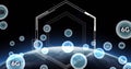 Image of hexagonal scanner frame and 6g icons over globe rotating in space