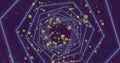 Image of hexagonal tunnel in seamless pattern and yellow spots of light on purple background