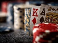 Image of high-value casino chips and a royal flush, symbolizing gambling, risk, and potential reward - AI-Generated Royalty Free Stock Photo