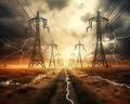 The image is of high voltage electricity powerlines with bolts of lightning.