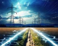 The image is of high voltage electricity powerlines with bolts of lightning.