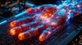 Robotic hand interacts with a backlit keyboard in a futuristic environment
