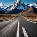 The highway crosses the Patagonia and leads to snow-capped peaks of Mount Fitzroy. Over the road flying flock of Royalty Free Stock Photo