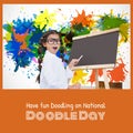 Image of hispanic girl with blackboard with copy space over paint splashes and doddle day text