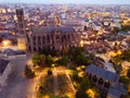 Historical aerial view of Limoges Cathedral illuminated at dusk, France