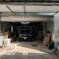 Home suburban countryside modern car and ATV double garage interior with wooden shelf tools and equipment stuff storage