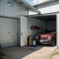 Home suburban countryside modern car and ATV double garage interior with wooden shelf tools and equipment stuff storage