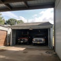 Home suburban countryside modern car and ATV double garage interior with wooden shelf tools and equipment stuff storage