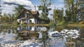 An image of a home surrounded by flood waters with information on how to properly sandbag and protect the property from