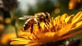 Honey bee on beautiful yellow flower AI generative Royalty Free Stock Photo