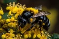 Image of honey bee sucking nectar on a yellow flower on natural background. Insect. Generative ai