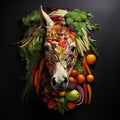 Image of horse face made with vegetables and fruits on clean background. Wildlife Animals. Illustration, Generative AI Royalty Free Stock Photo