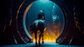 An image of horse walking through dark tunnel. Generative AI Royalty Free Stock Photo